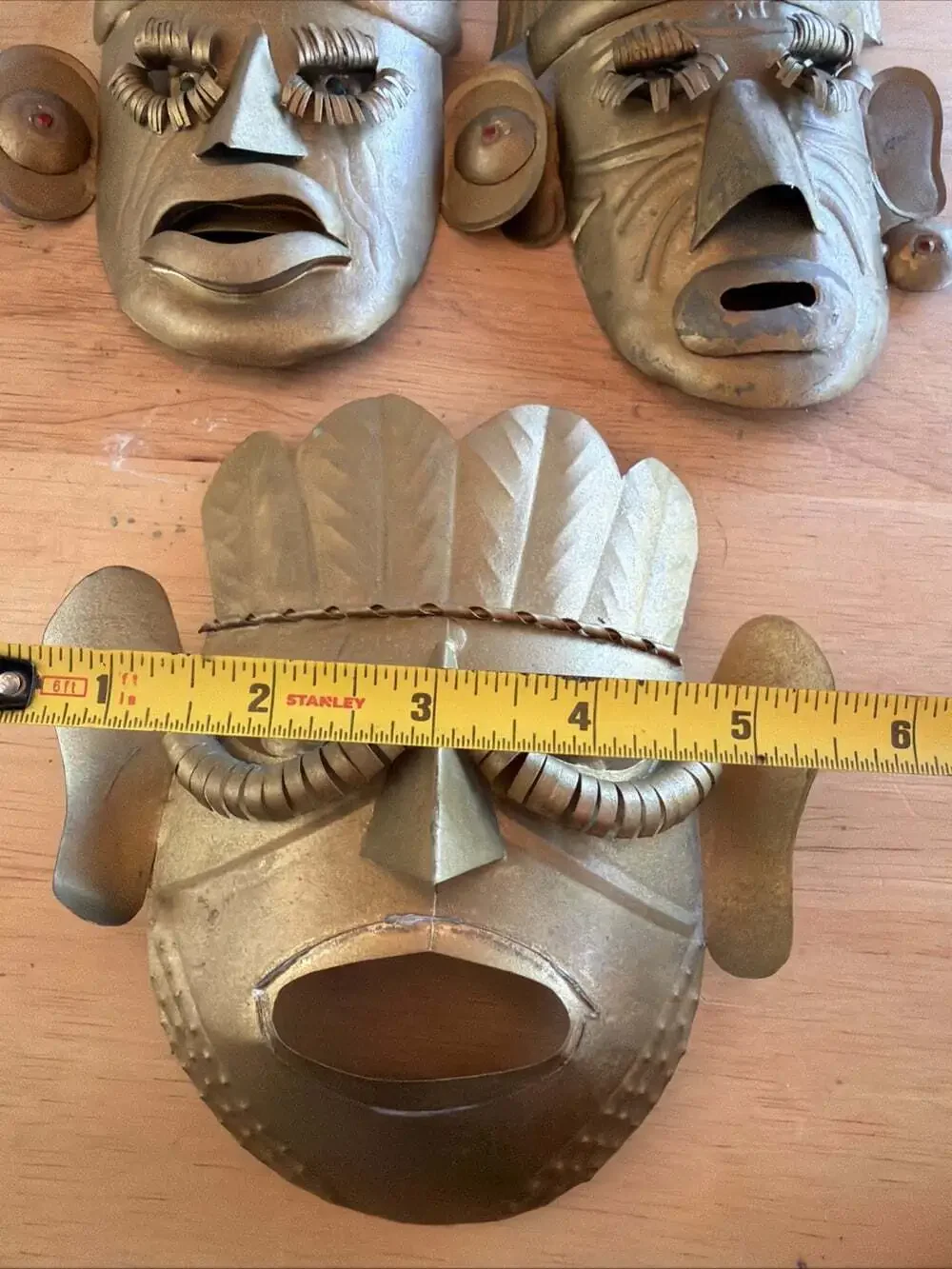3 VNTG Mexican Tin Metal Masks Beaded Eyes Folk Art Primitive Style Tribal 6”x5”
